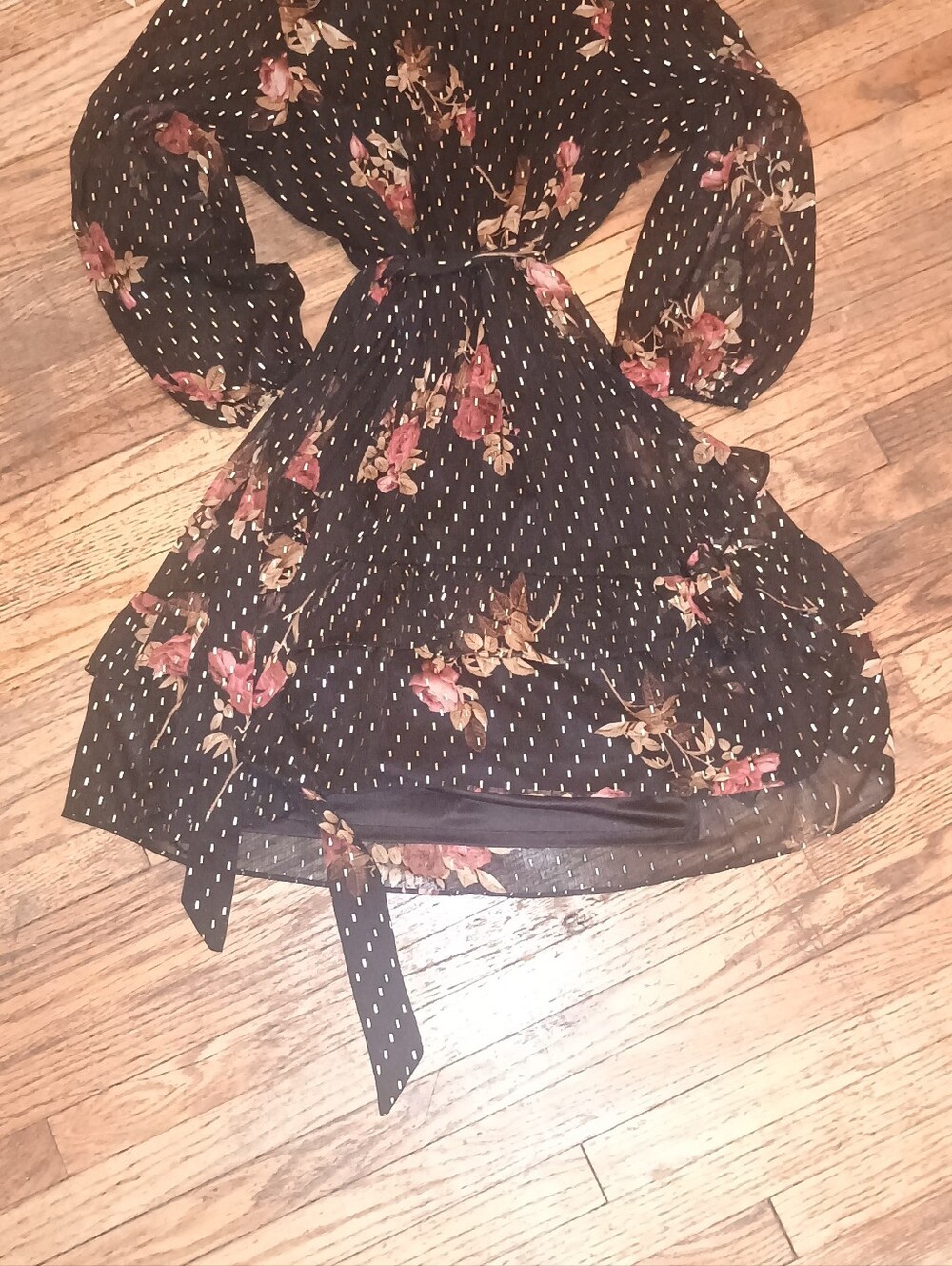 Simply Vera Vera Wang Black Floral Long-Sleeve Ruffle Dress with Burgundy Roses